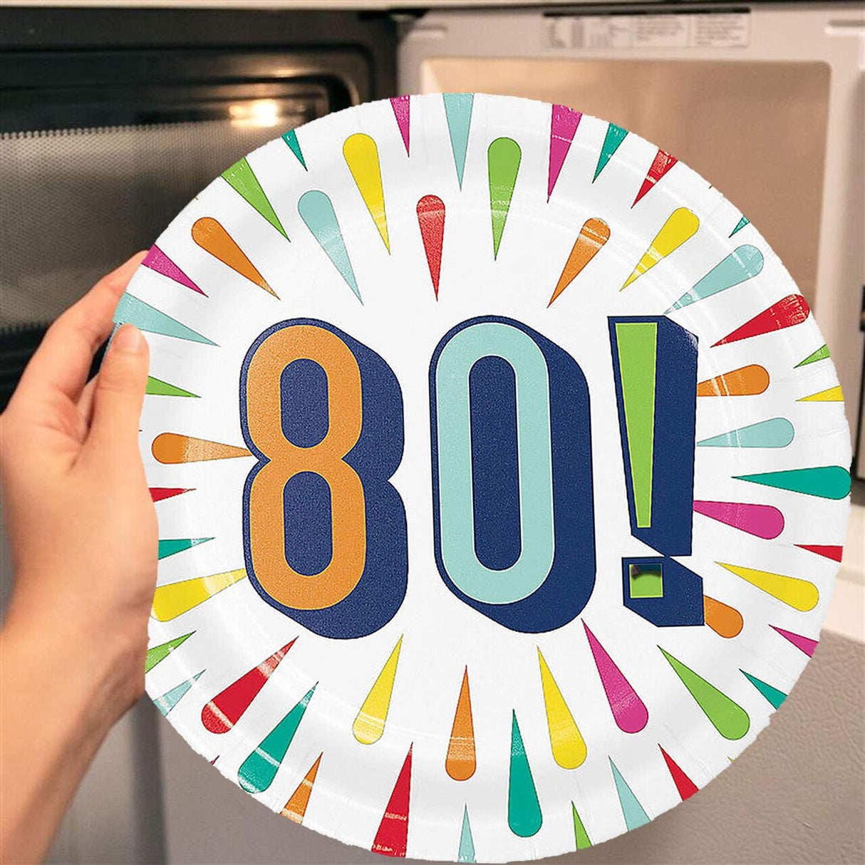 8 Ct. 80th Birthday Burst Paper Dessert Plates Colorful Milestone Party Tableware
