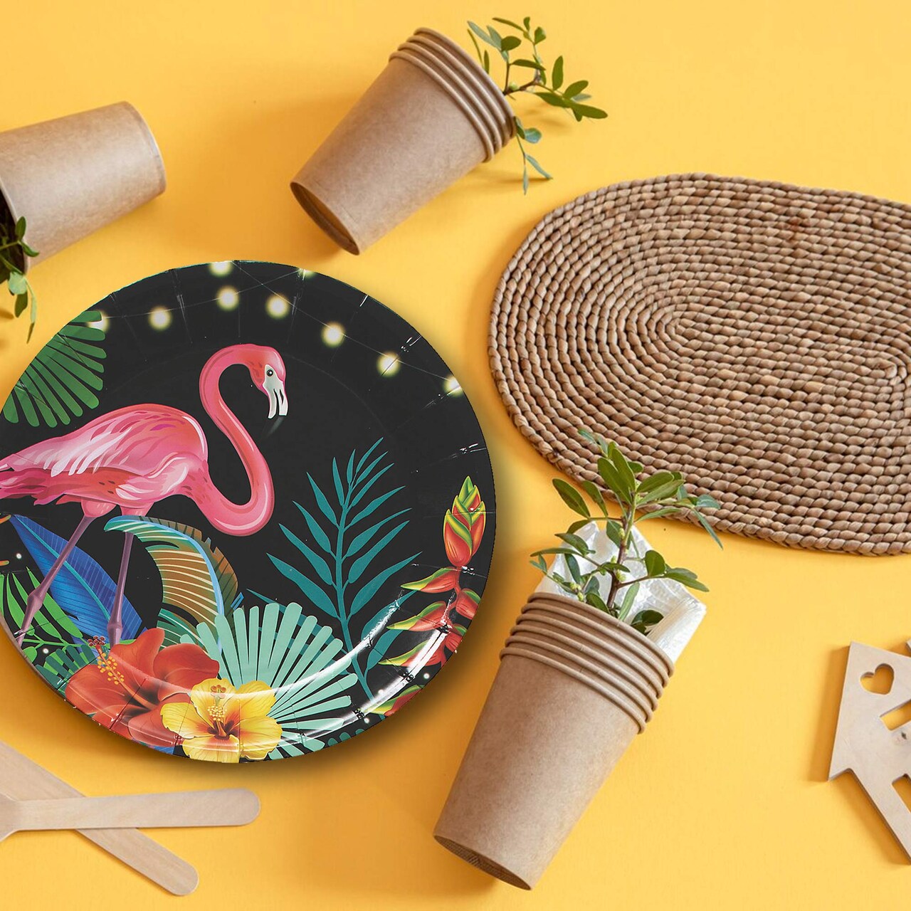 8 Ct. Tropical Nights Flamingo & Floral Paper Dessert Plates 7" Dessert Plates Luau & Pool Party Tableware