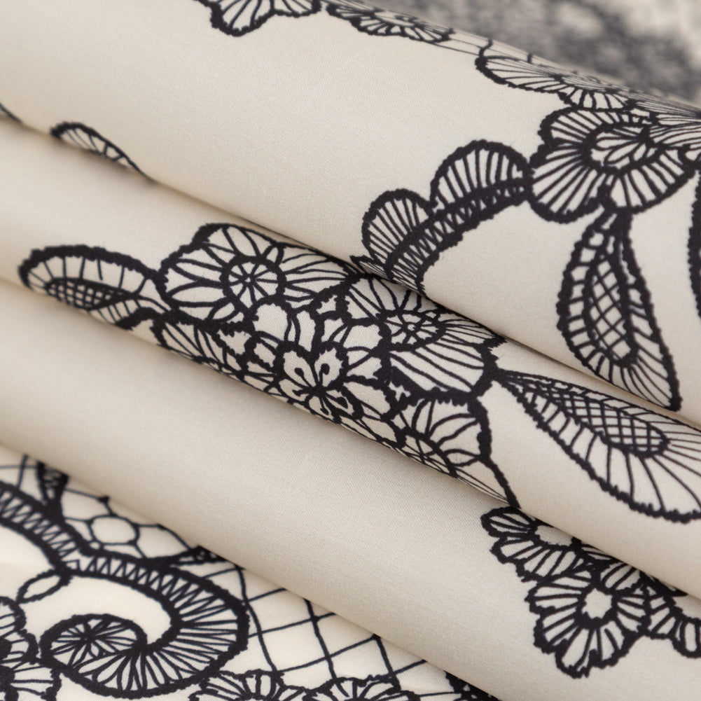 Mood Exclusive Italian Black on Putty Floral Lace Border Digitally Printed Silk Organza