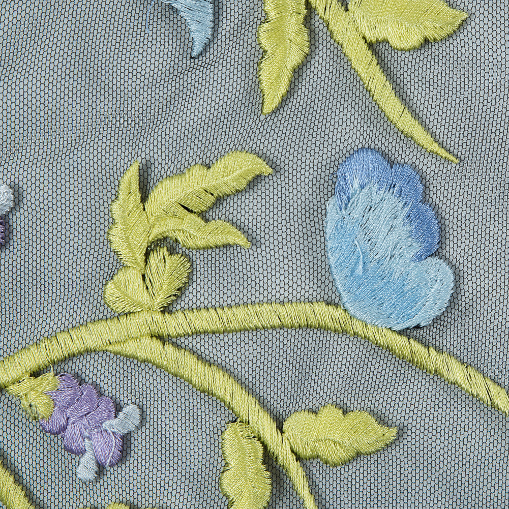 Sunny Lime, Orchid Bloom and Blue Bell Floral Embroidered Lace on Black Tulle