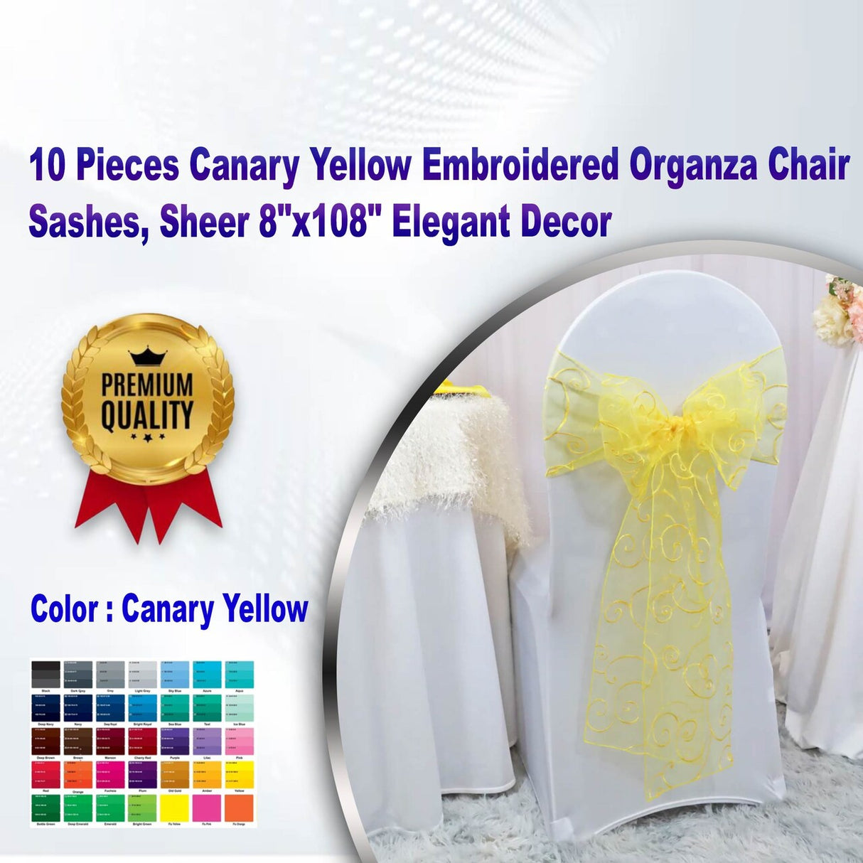 10 Pieces Canary Yellow Embroidered Organza Chair Sashes, Sheer 8"x108" Elegant Decor