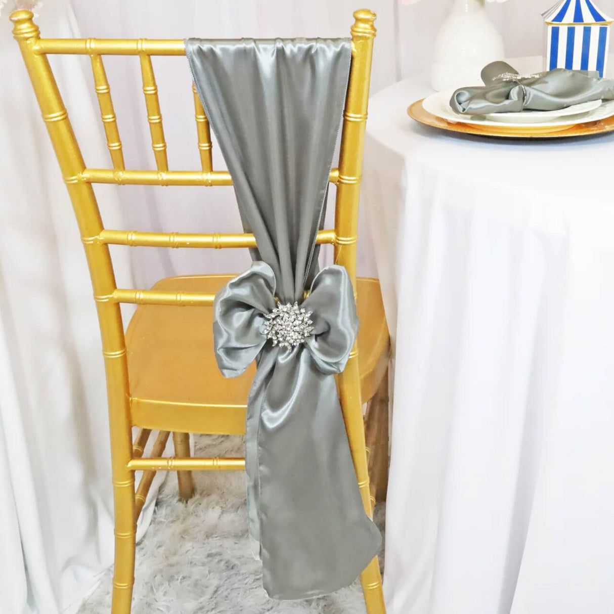 10 Pieces Satin Chair Sashes 8 by 108 inches Silver