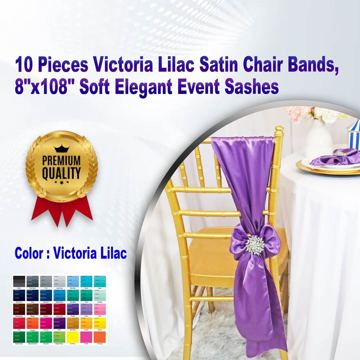 10 Pieces Victoria Lilac Satin Chair Bands, 8"x108" Soft Elegant Event Sashes