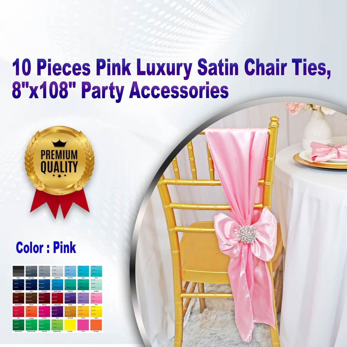 10 Pieces Pink Luxury Satin Chair Ties, 8"x108" Party Accessories
