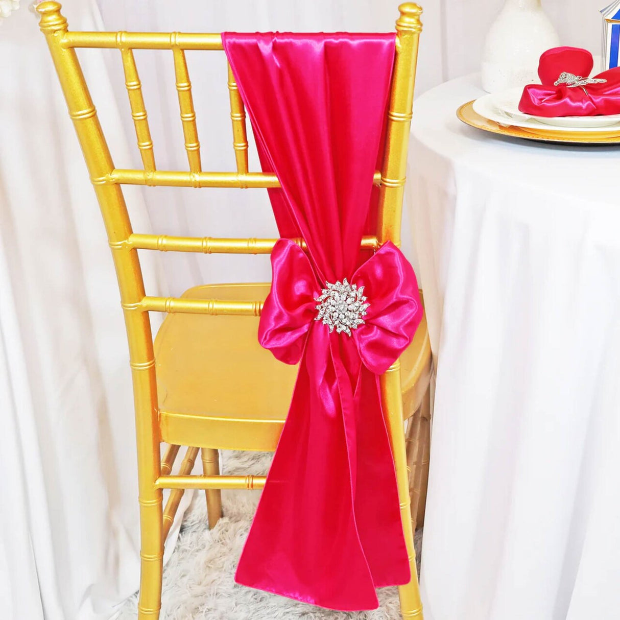 10 Pieces Fuchsia Satin Chair Bands, 8"x108" Elegant Event Wraps