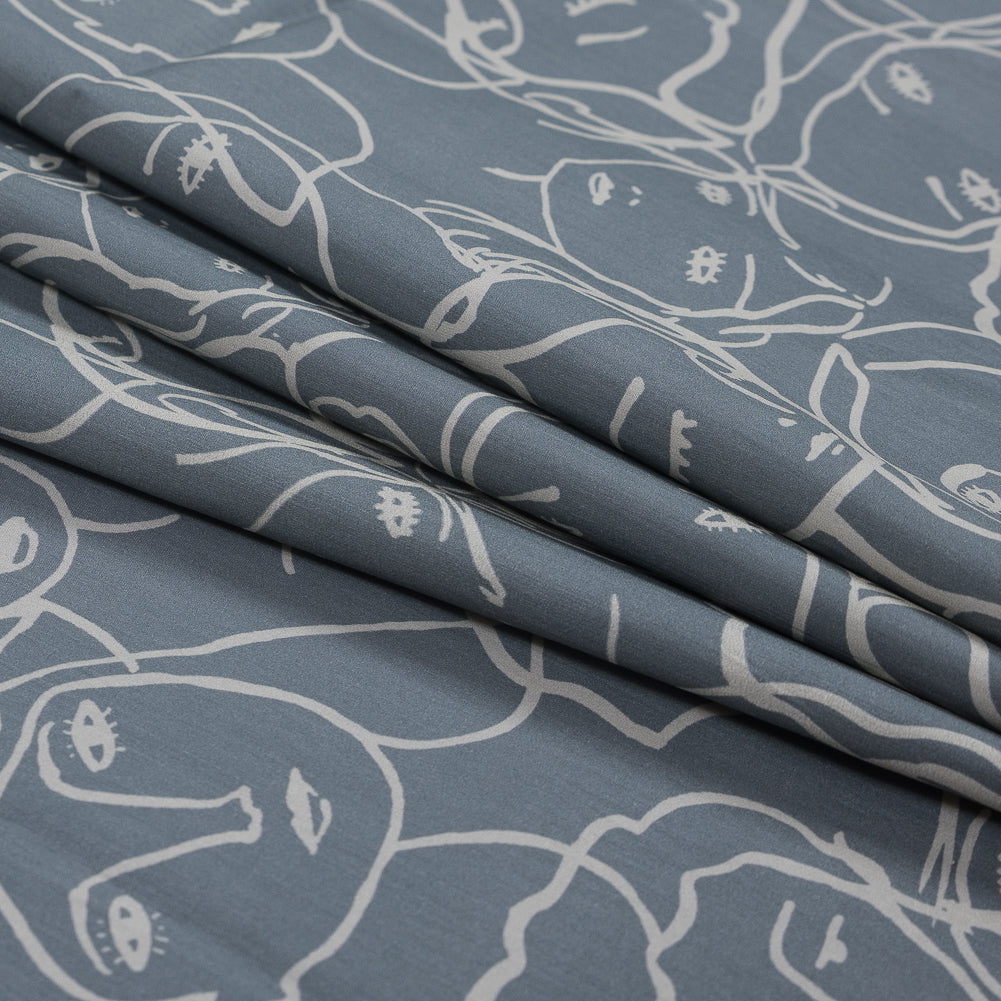Cotton Poplin - Steel Gray Linework Faces - Un dia en Andorra Print - Mood Exclusive Felipe Collection