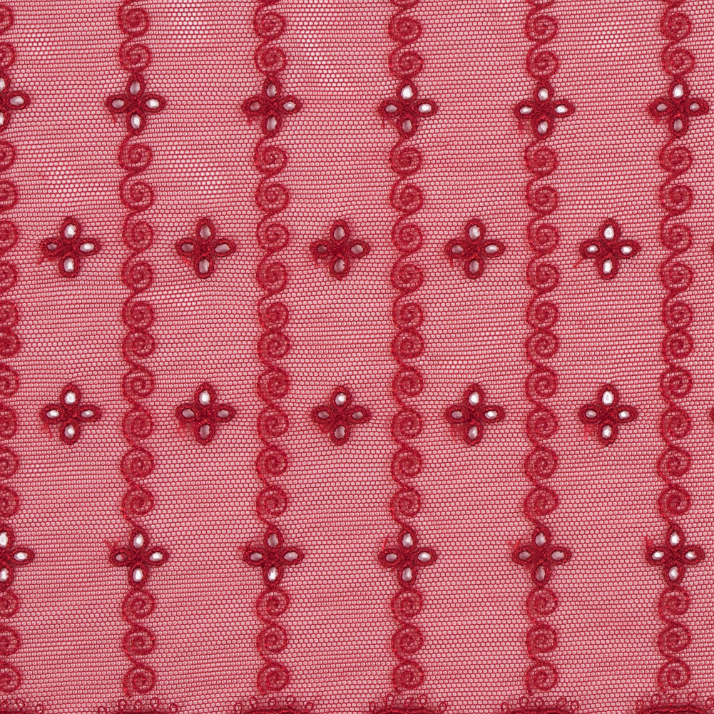 Red Embroidered and Eyelet Mesh with Finished Edges - 7.75"