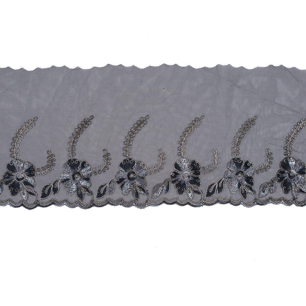 Black and Metallic Gold Embroidered Mesh with a Scalloped Edge - 7"
