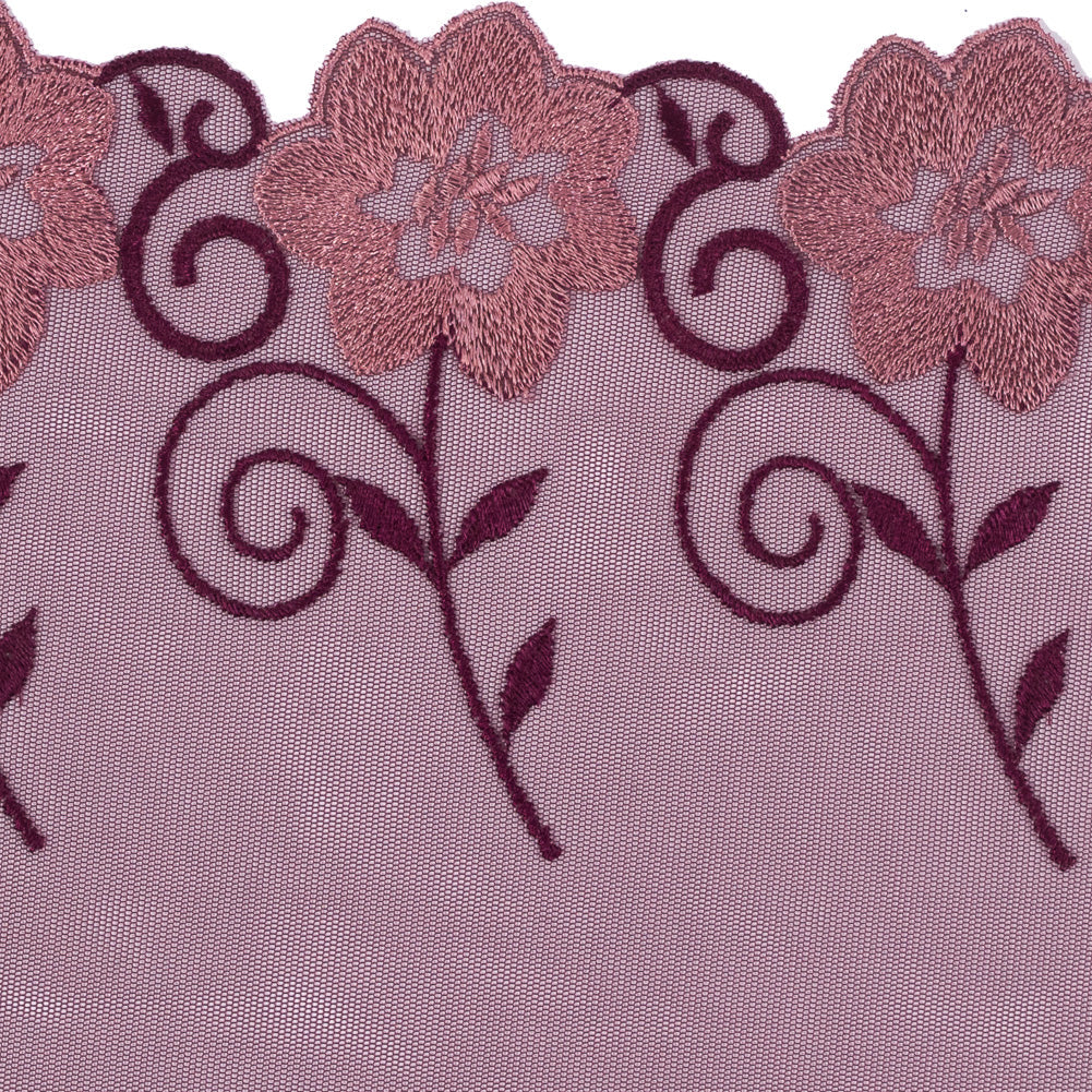 Red and Metallic Gold Embroidered Mesh with a Scalloped Edge - 7"