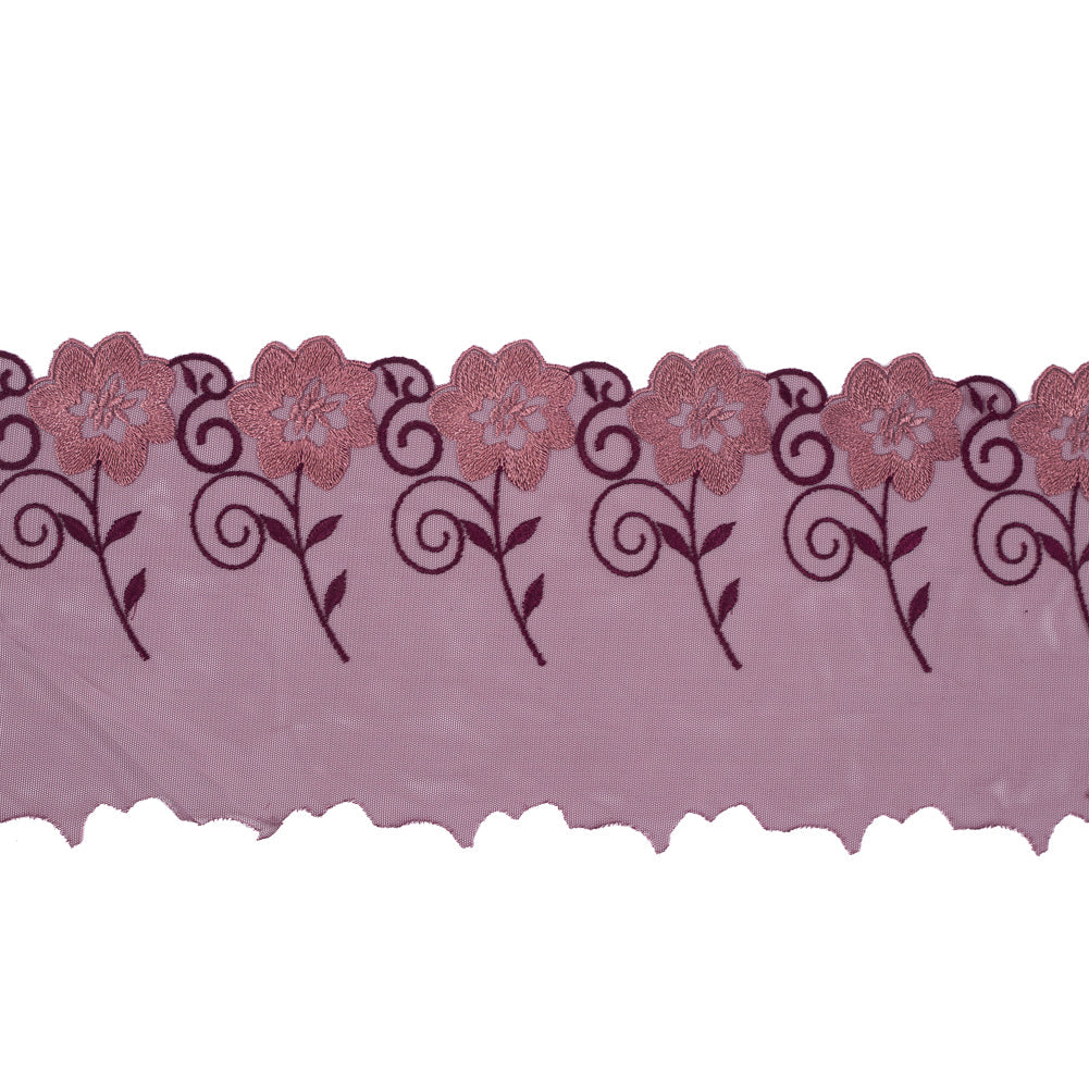 Red and Metallic Gold Embroidered Mesh with a Scalloped Edge - 7"