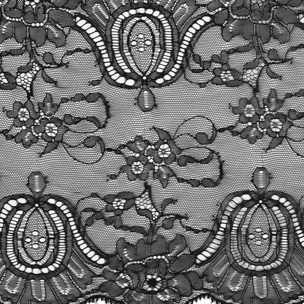 Black Double Scallop Fine Floral Lace Trim - 9.5"
