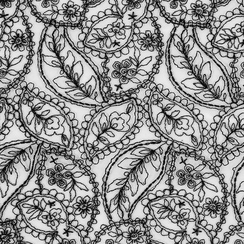 White Mesh Trim with Black Foliage Embroidery - 8"