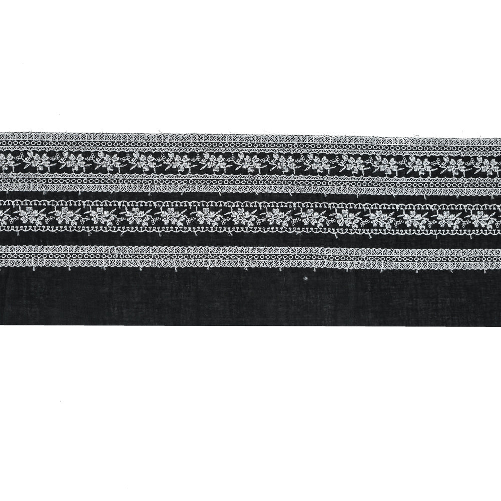 Black and White Striped Floral Embroidered Trim - 6"