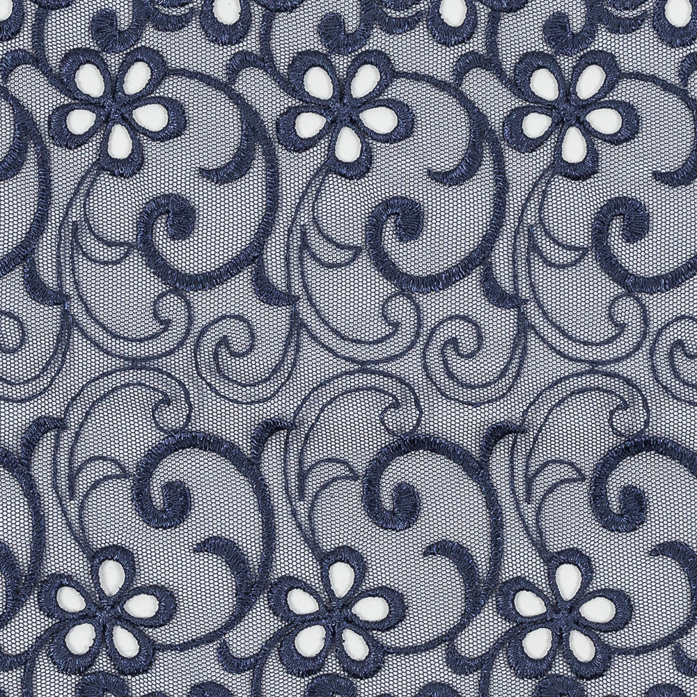 Maritime Blue Floral Embroidered Mesh - 8"
