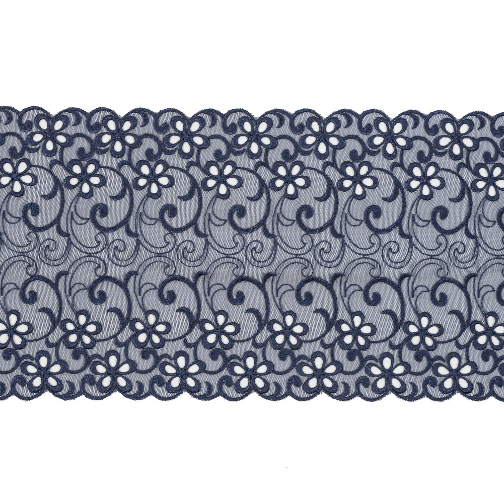 Maritime Blue Floral Embroidered Mesh - 8"