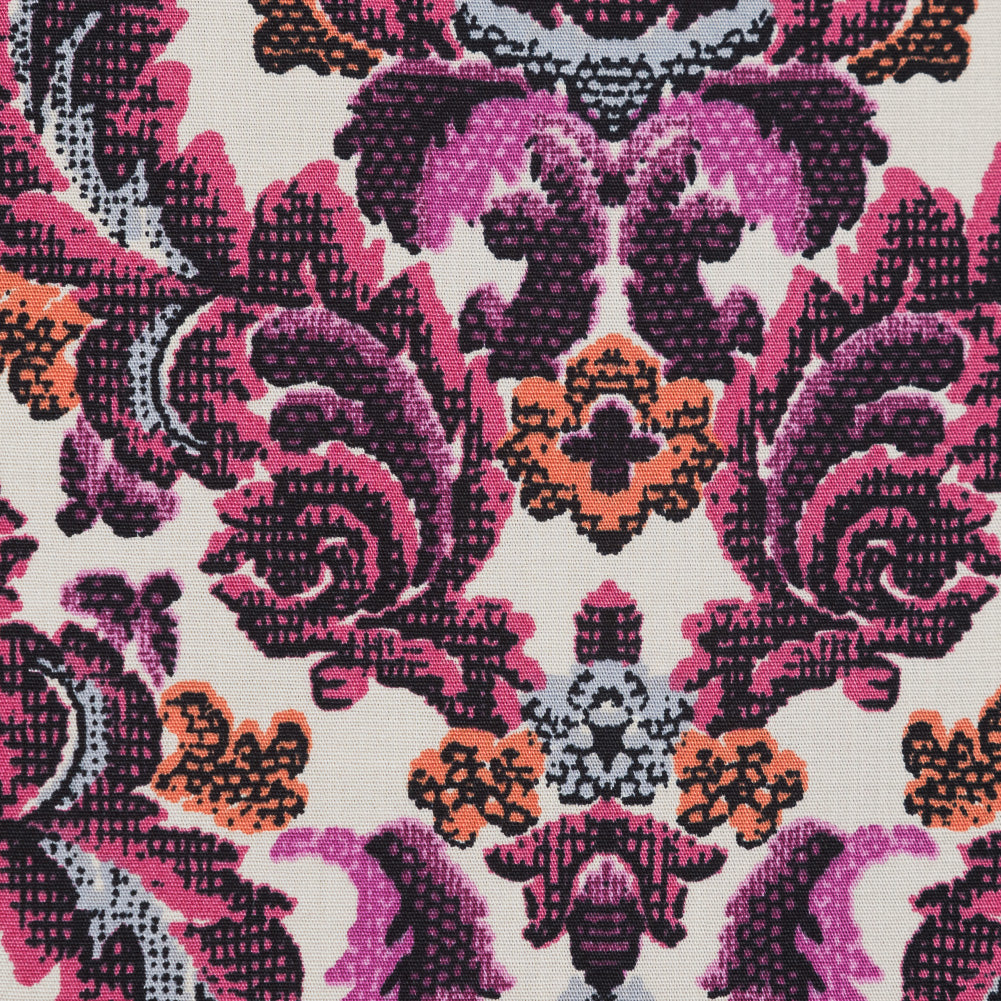 Magenta Haze, Orange and Gray Damask Stretch Cotton Poplin