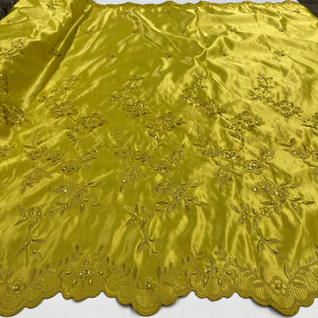 Yard - Beaded Bridal Lace Fabric Embroidered on 100% Polyester Satin - Ivory with Gold - 54"