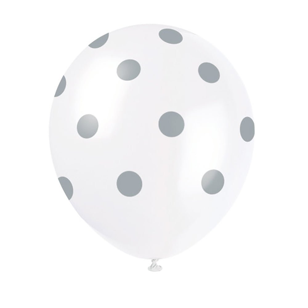Latex Balloons White with Silver Polka Dots 12 Inch 6 Pack