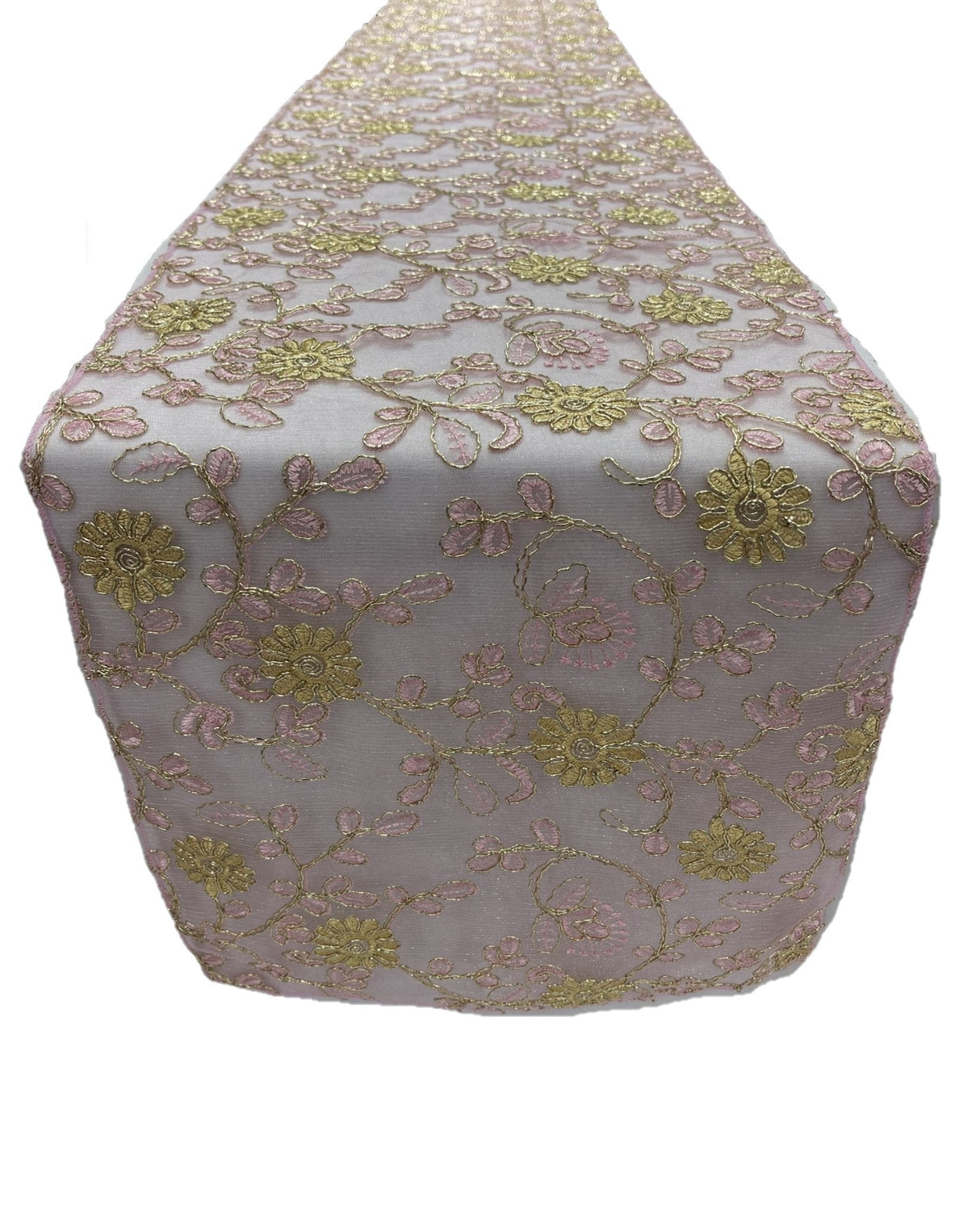 Metallic Embroidery Lace Table Runner Fabric - Dusty Rose On Dusty Rose Mesh, 12" X 90" (1 Piece)