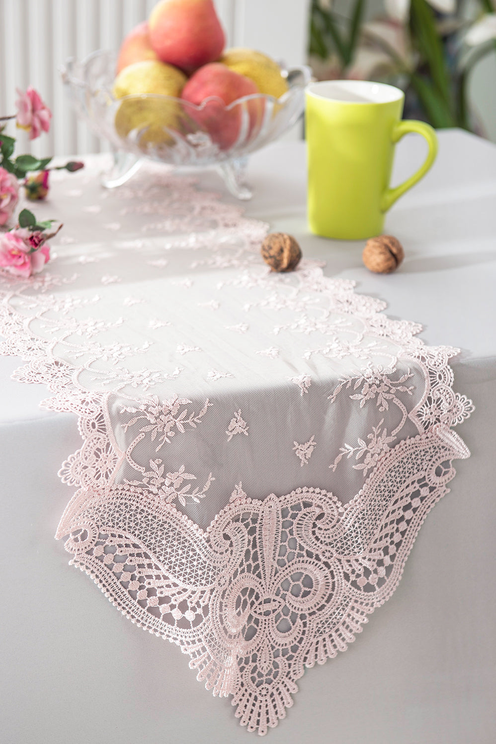 Lace Embroidered Table Runner 12x108 Blush Pink