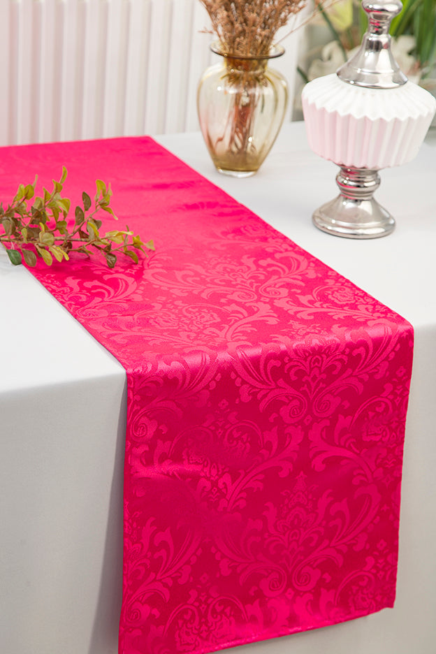 Polyester Table Runner 12x108 Floral Damask Jacquard Fuchsia
