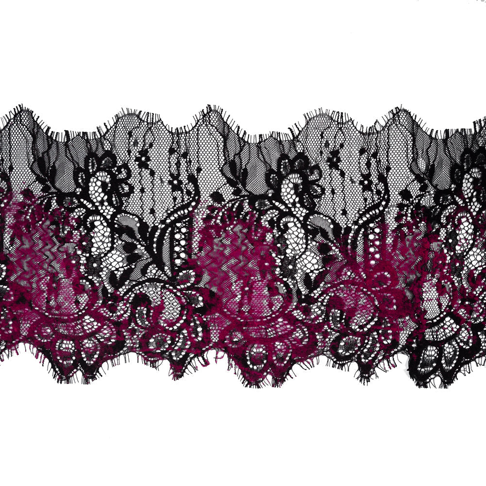 Italian Black and Magenta Flocked Lace Trim - 8"