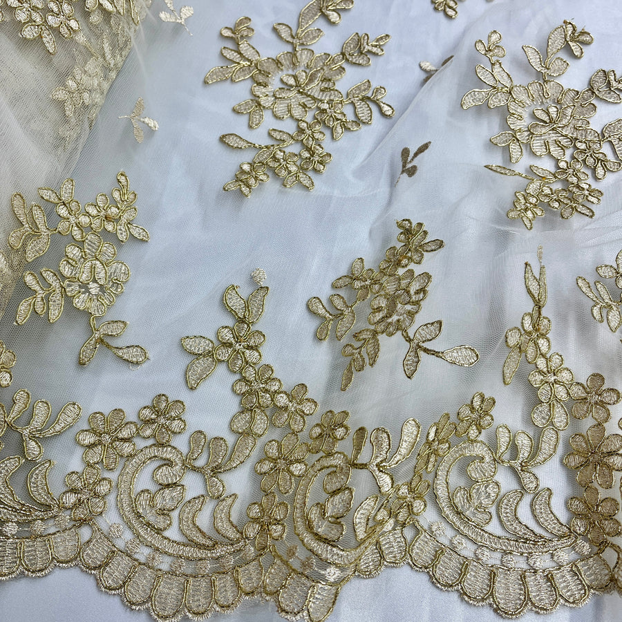 1 Yard - Corded Bridal Lace Fabric Embroidered on 100% Polyester Net Mesh - 53" Wide