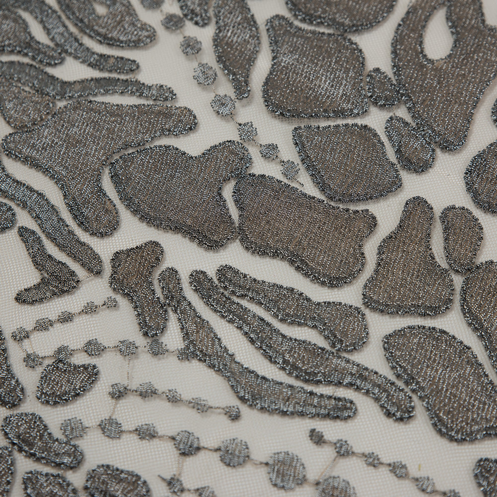 Metallic Silver and Beige Abstract Embroidery on Beige Mesh