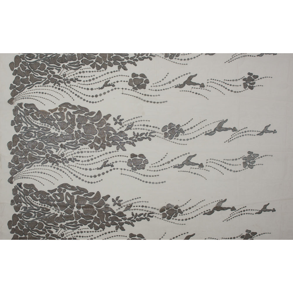 Metallic Silver and Beige Abstract Embroidery on Beige Mesh
