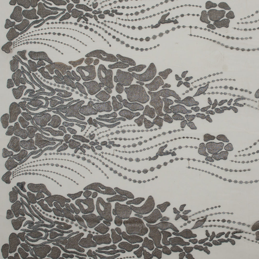 Metallic Silver and Beige Abstract Embroidery on Beige Mesh