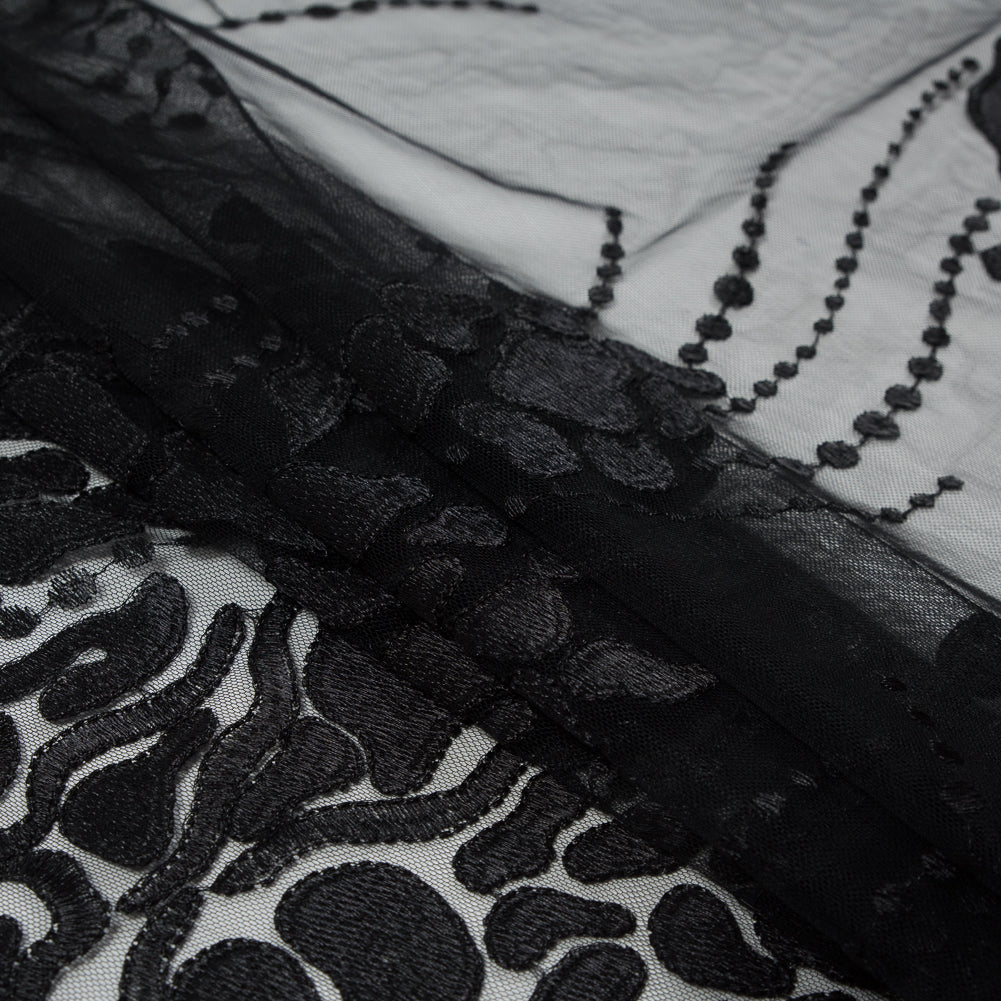 Black Abstract Embroidery on Black Mesh