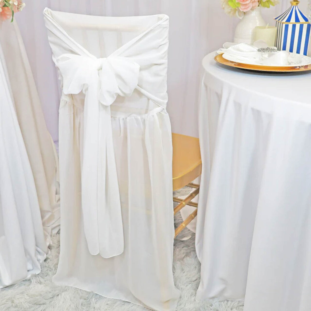 1 Piece White Chiffon Chair Back Cover with Sash Elegant Slipcover for Chiavari Chairs