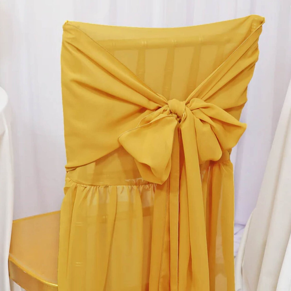 1 Piece Gold Chiffon Chair Back Drape with Sash Elegant Slipcover for Chiavari Chairs