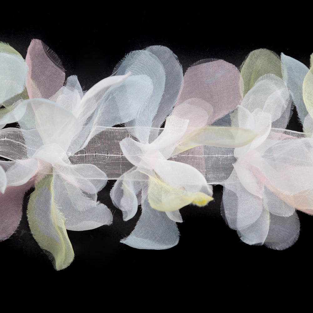 Italian Pastel Pink, Yellow and White 3D Organdy Floral Trim - 4"