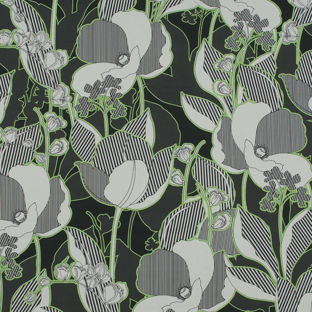 Cotton Poplin - Green Striped Flowers - Fleurs en Vert Print - Mood Exclusive Avenable Collection
