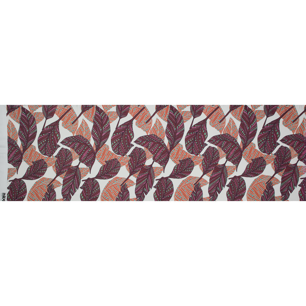 Stretch Cotton Sateen - Peach and Plum Feathers or Leaves - Bright Dead Things Print - Mood Exclusive Avenable Collection