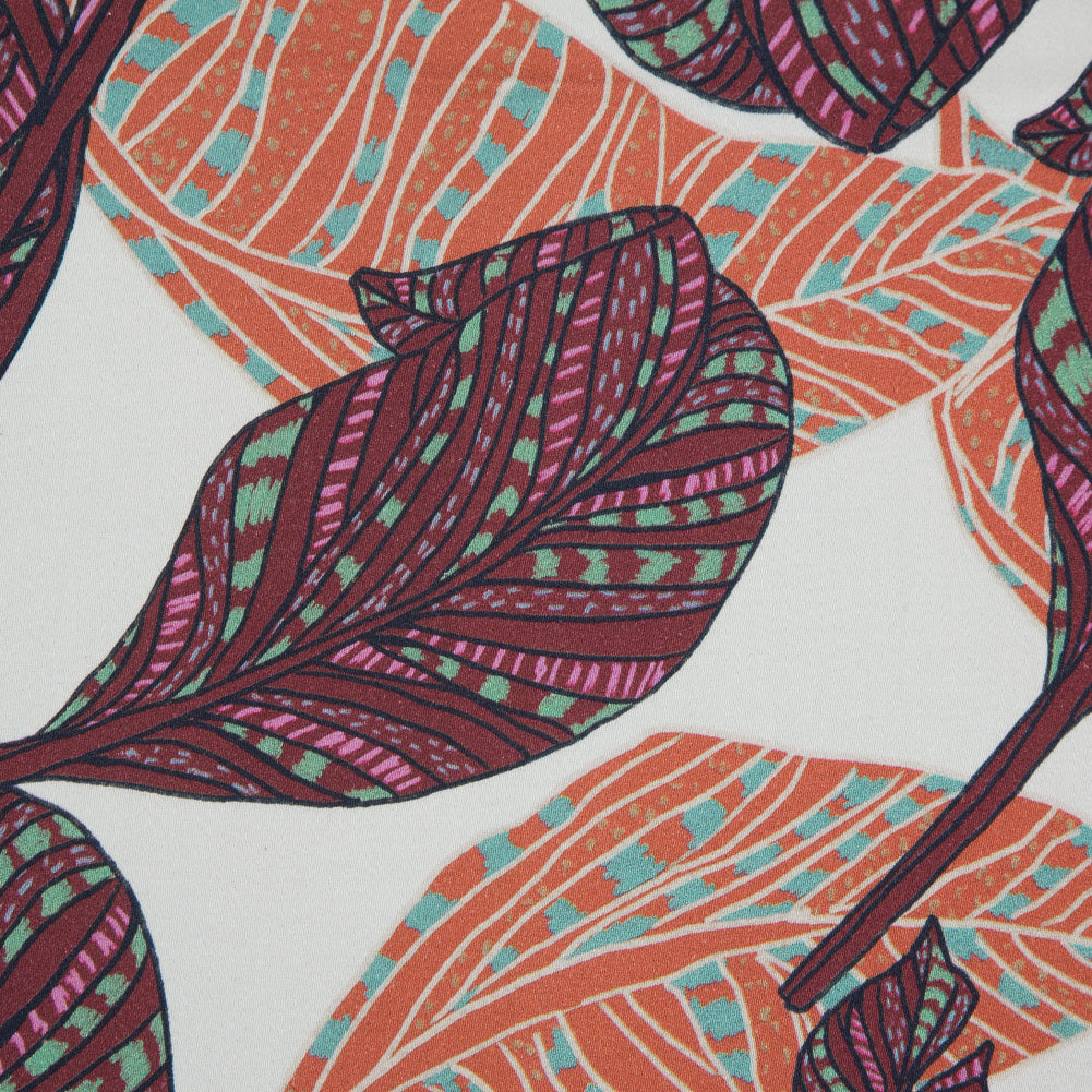 Stretch Cotton Sateen - Peach and Plum Feathers or Leaves - Bright Dead Things Print - Mood Exclusive Avenable Collection