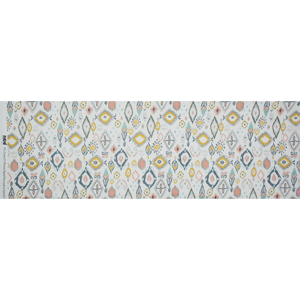 Stretch Cotton Sateen - Off-White, Blue and Yellow Ikat Diamonds - Amo de Grandeco Print - Mood Exclusive Avenable Collection