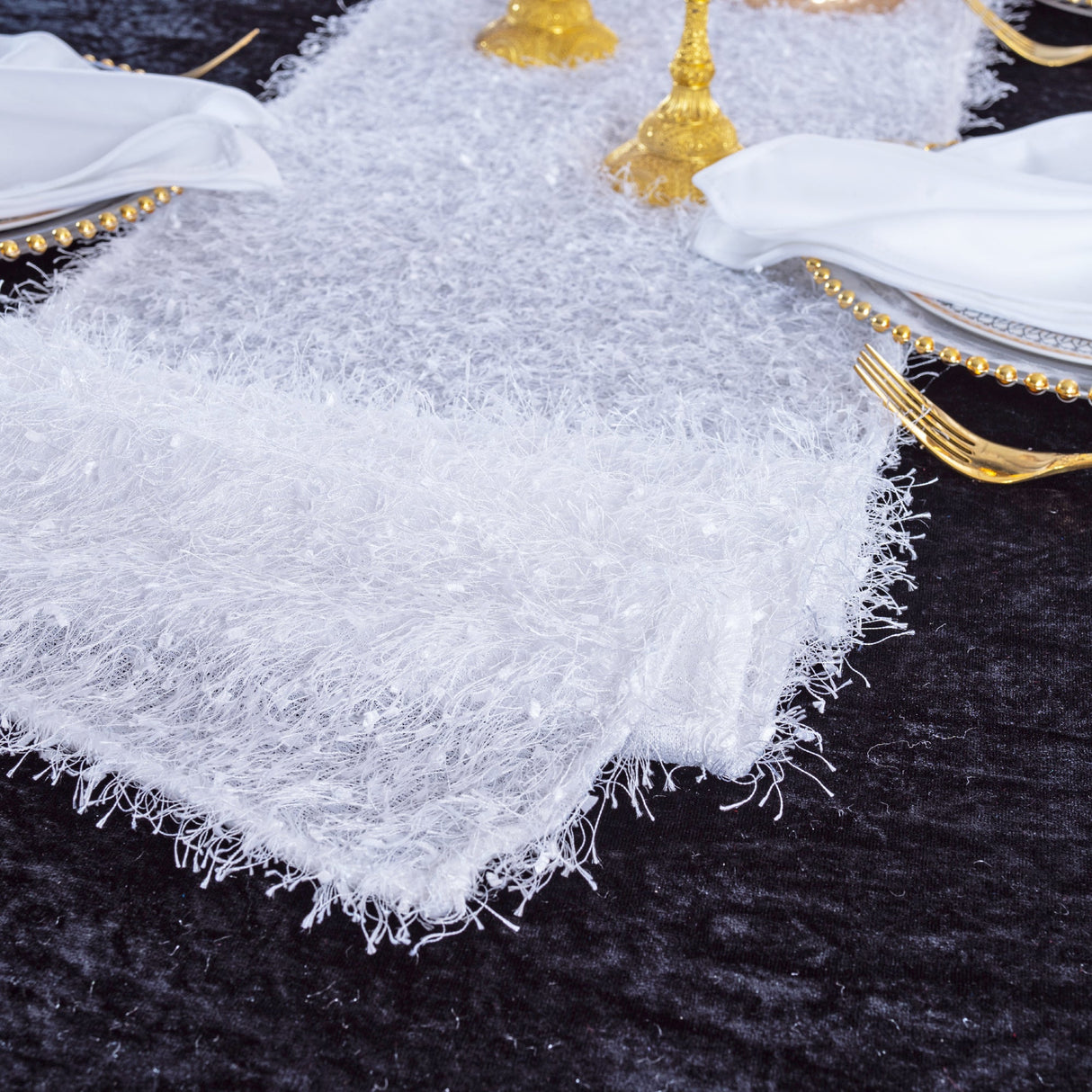 Shaggy Plush Fringe Table Runner 13x108 White
