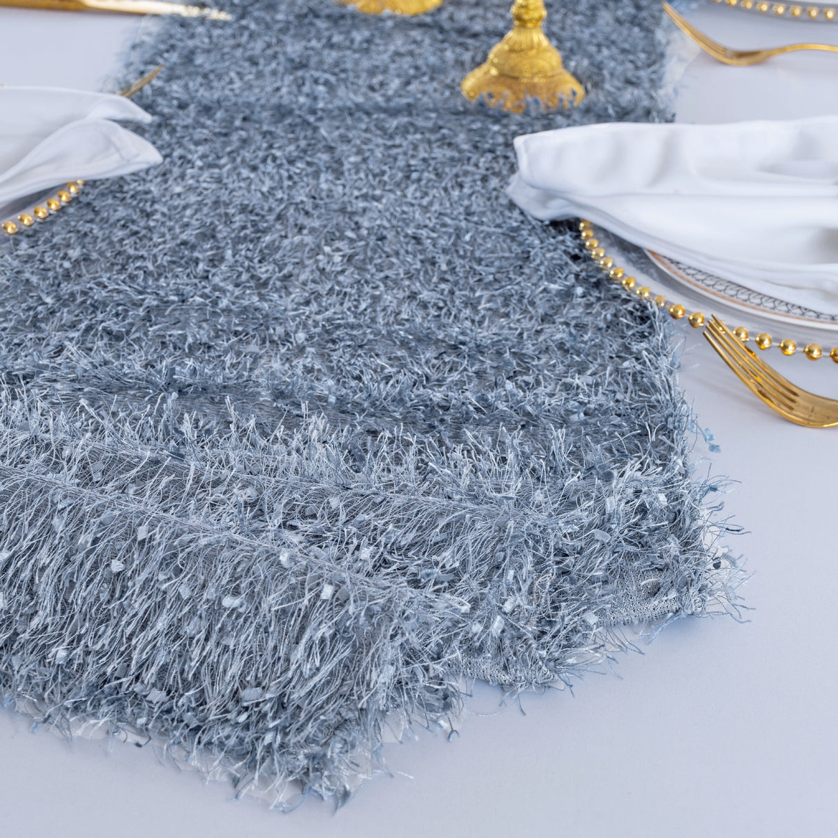 Shaggy Plush Fringe Table Runner 13x108 Dusty Blue