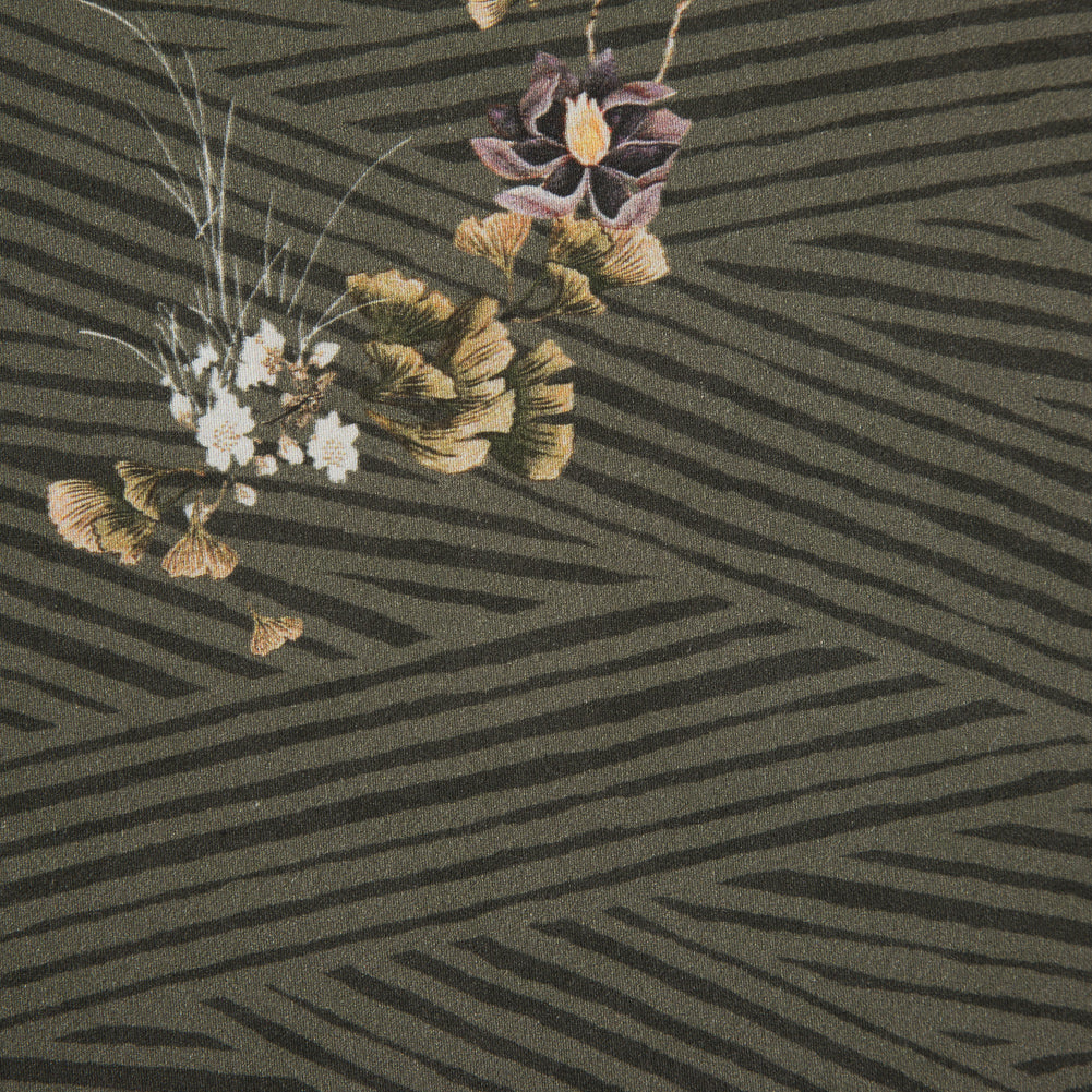 Stretch Cotton Sateen - Olive Zig Zag Stripes and Florals - Cultivation of Gratification Print - Mood Exclusive Avenable Collection