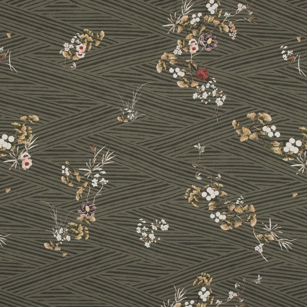 Stretch Cotton Sateen - Olive Zig Zag Stripes and Florals - Cultivation of Gratification Print - Mood Exclusive Avenable Collection