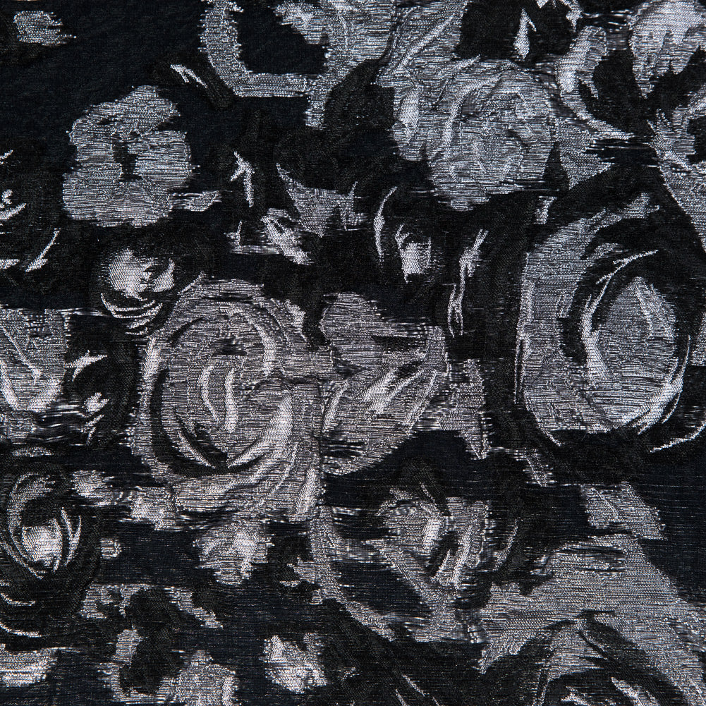 Black and Metallic Silver Luxury Floral Burnout Brocade