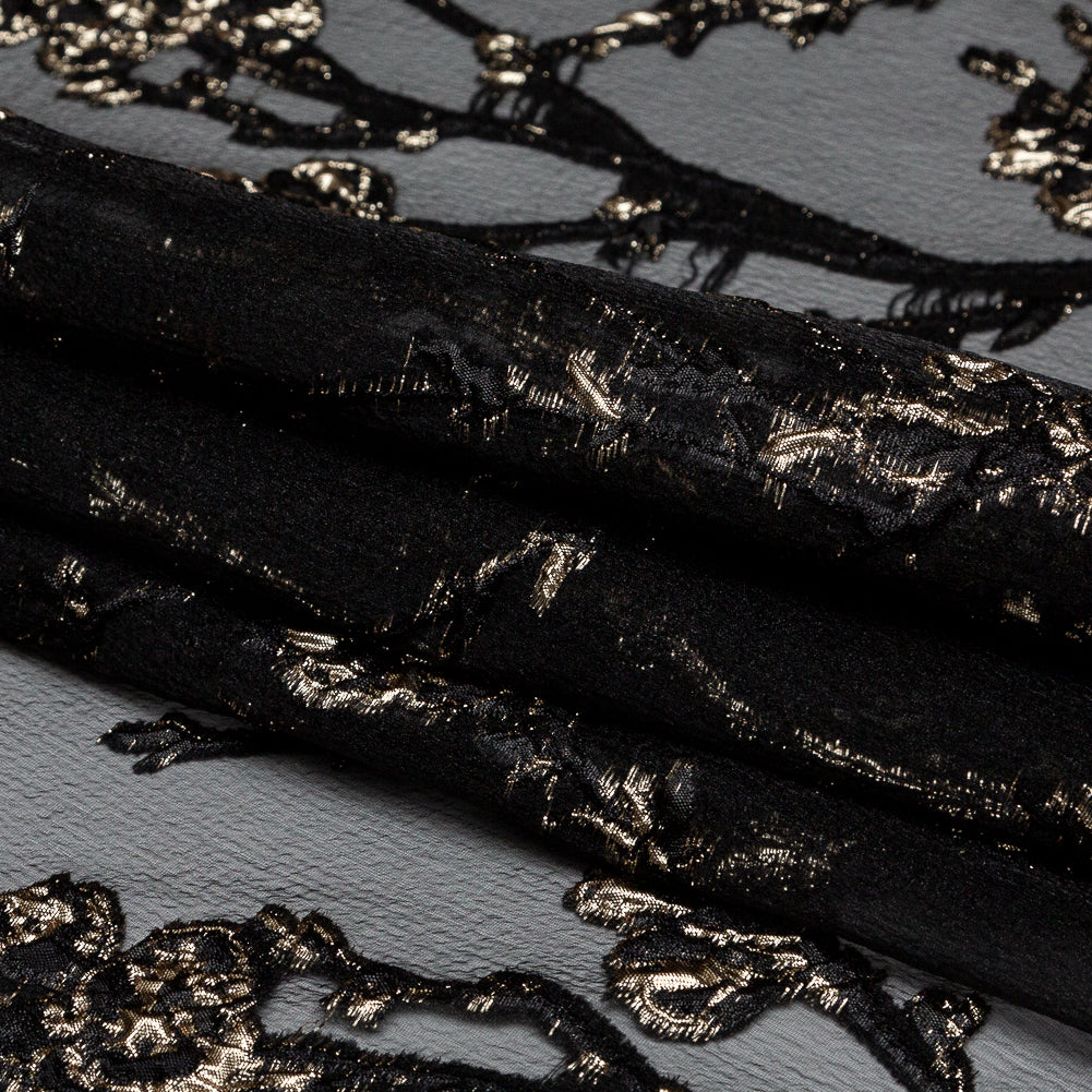 Black and Metallic Gold Luxury Floral Burnout Brocade
