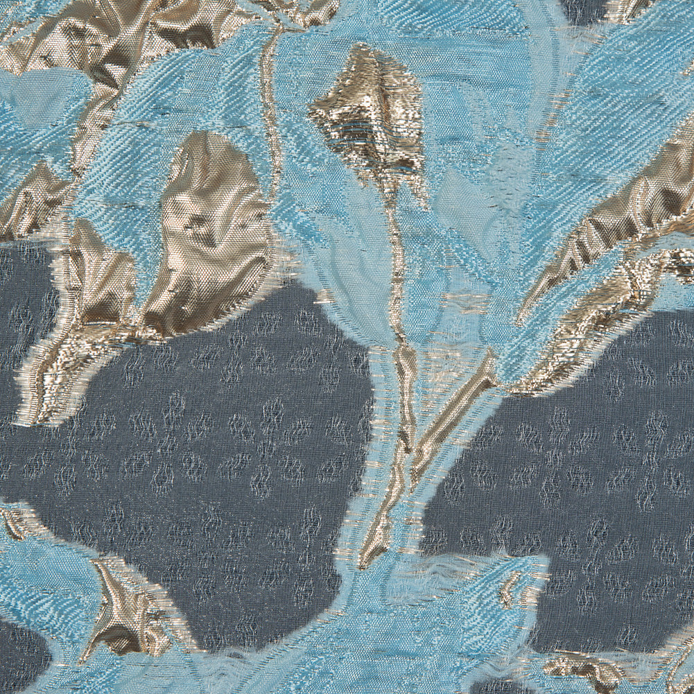 Sky Blue and Metallic Gold Luxury Floral Burnout Brocade