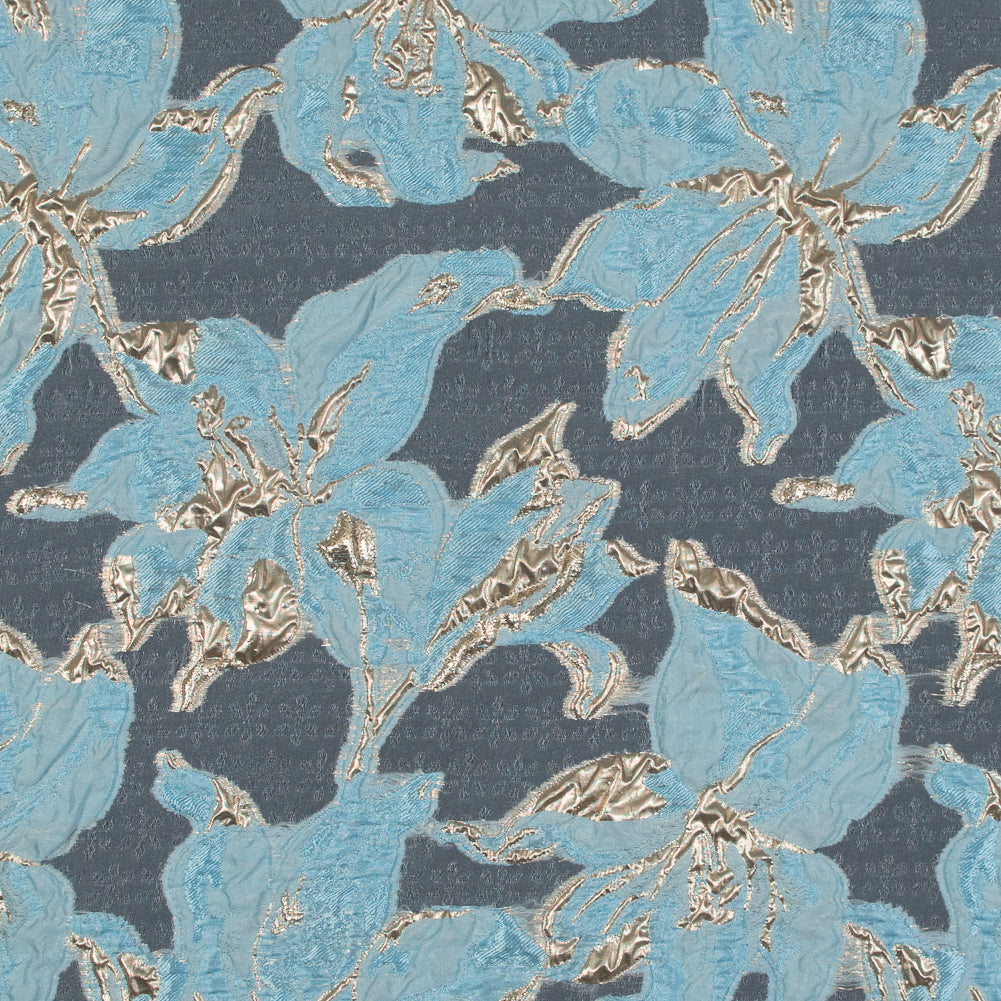 Sky Blue and Metallic Gold Luxury Floral Burnout Brocade