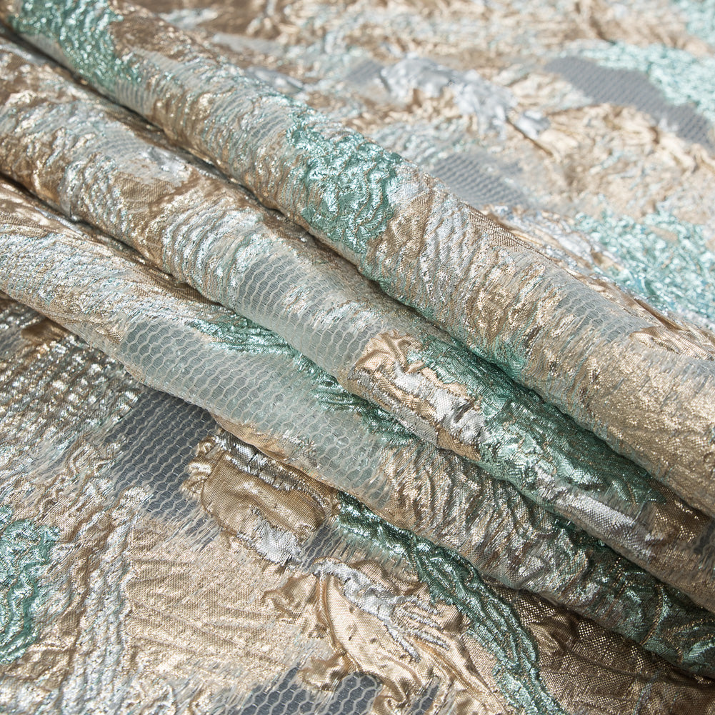 Aqua and Metallic Gold Luxury Abstract Burnout Brocade