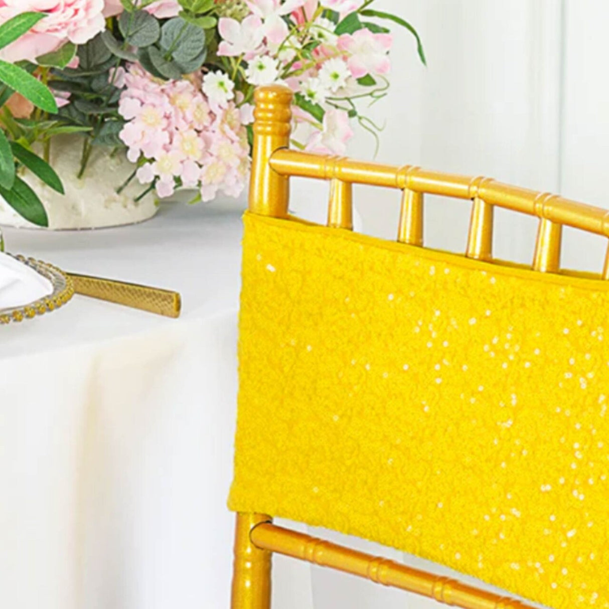 10 Pieces Luxurious Champagne Sequin Stretch Spandex Chair Bands 7 x 13 Inches