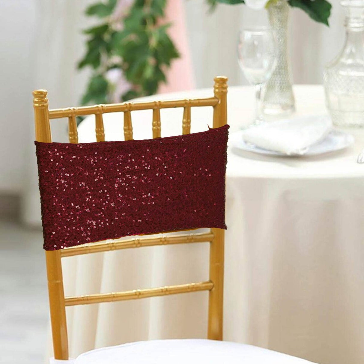 10 Pieces Elegant Burgundy Sequin Stretch Spandex Chair Bands 7 x 13 Inches