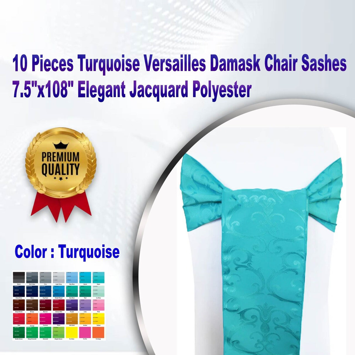 10 Pieces Turquoise Versailles Damask Chair Sashes 7.5"x108" Elegant Jacquard Polyester